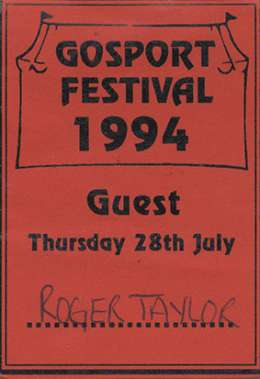 Guest pass for Roger's concert in Gosport 1994
