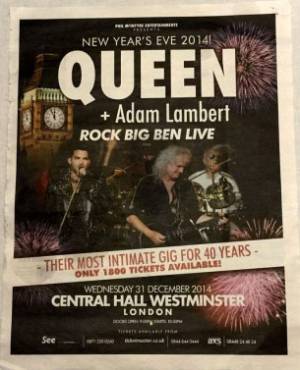 Poster - Queen + Adam Lambert in London on 31.12.2014
