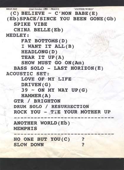 Setlist - Brian May - 22.10.1998 Prague, Czech Republic