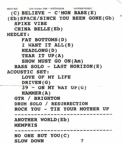 Setlist - Brian May - 24.10.1998 Nottingham, UK