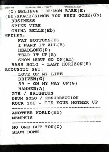 Setlist - Brian May - 25.10.1998 London, UK