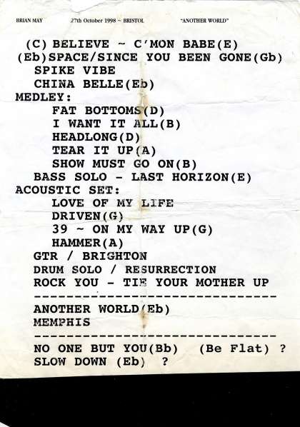 Setlist - Brian May - 27.10.1998 Bristol, UK