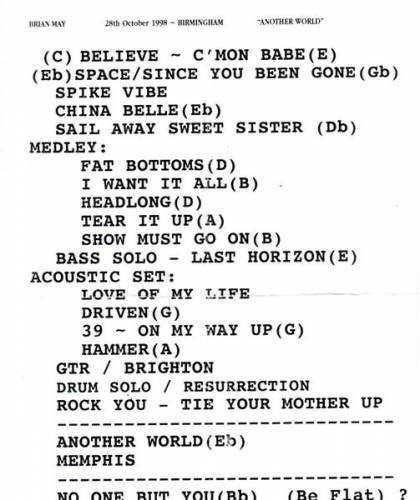 Setlist - Brian May - 28.10.1998 Birmingham, UK