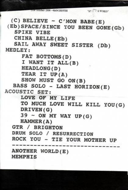 Setlist - Brian May - 31.10.1998 Manchester, UK