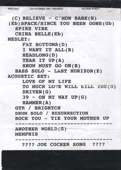 Setlist - Brian May - 02.11.1998 Sheffield, UK