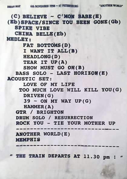 Setlist - Brian May - 06.11.1998 St. Petersburg, Russia