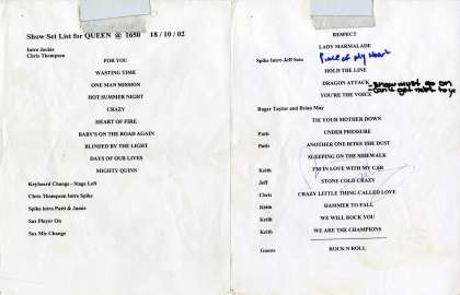 Setlist - Brian May + Roger Taylor - 18.10.2002 Los Angeles, CA, USA - Walk Of Fame afterparty with SAS Band and Roger
