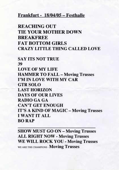 Setlist - Queen + Paul Rodgers - 19.04.2005 Frankfurt, Germany
