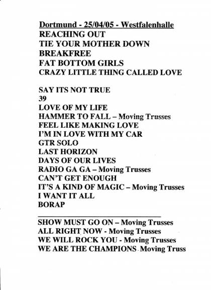 Setlist - Queen + Paul Rodgers - 25.04.2005 Dortmund, Germany