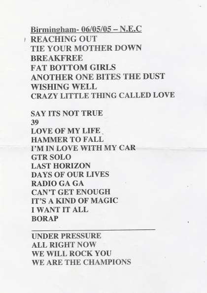 Setlist - Queen + Paul Rodgers - 06.05.2005 Birmingham, UK