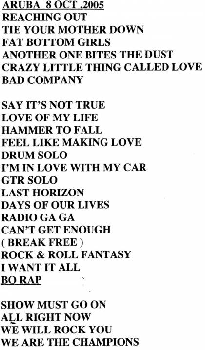 Setlist - Queen + Paul Rodgers - 08.10.2005 Oranjestad, Aruba