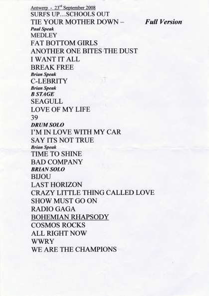Setlist - Queen + Paul Rodgers - 23.09.2008 Antwerp, Belgium