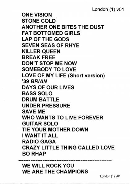 Setlist - Queen + Adam Lambert - 17.01.2015 London, UK
