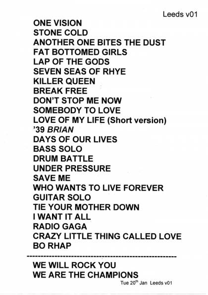 Setlist - Queen + Adam Lambert - 20.01.2015 Leeds, UK