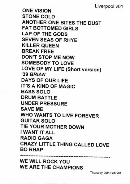 Setlist - Queen + Adam Lambert - 26.02.2015 Liverpool, UK