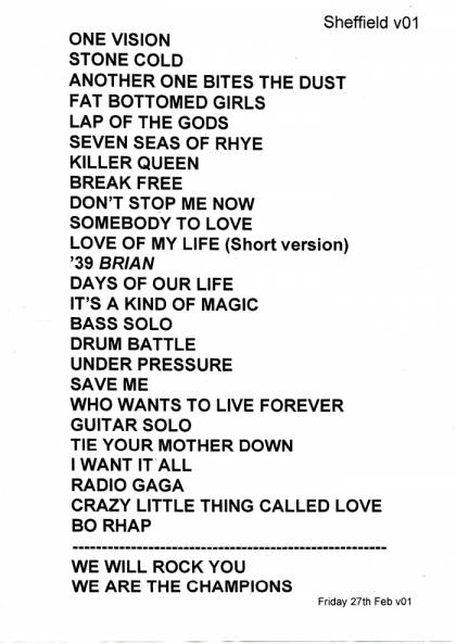 Setlist - Queen + Adam Lambert - 27.02.2015 Sheffield, UK
