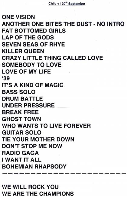 Setlist - Queen + Adam Lambert - 30.09.2015 Santiago De Chile, Chile