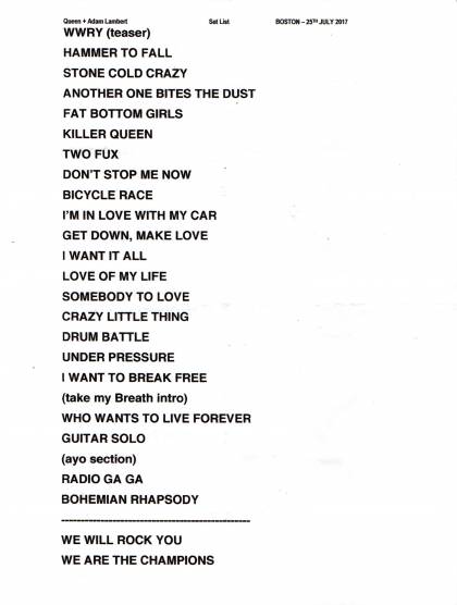 Setlist - Queen + Adam Lambert - 25.07.2017 Boston, MA, USA