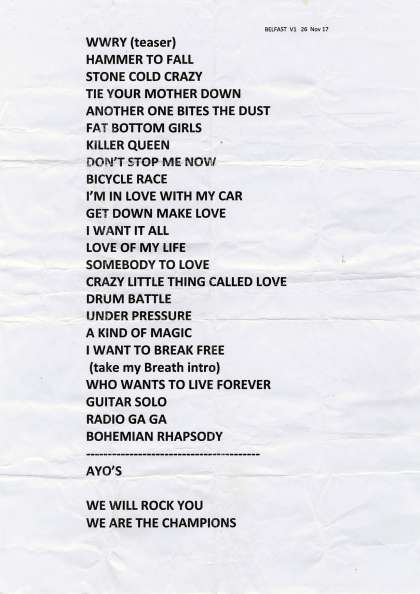 Setlist - Queen + Adam Lambert - 26.11.2017 Belfast, UK