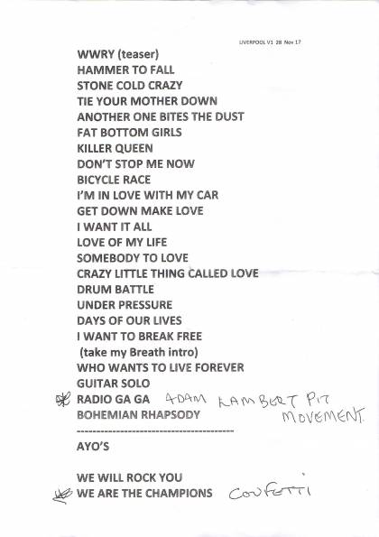 Setlist - Queen + Adam Lambert - 28.11.2017 Liverpool, UK