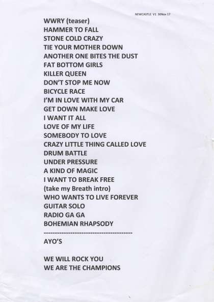 Setlist - Queen + Adam Lambert - 01.12.2017 Newcastle, UK
