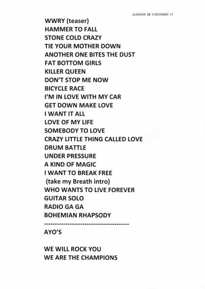 Setlist - Queen + Adam Lambert - 03.12.2017 Glasgow, UK