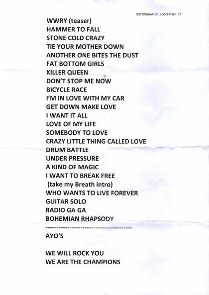 Setlist - Queen + Adam Lambert - 05.12.2017 Nottingham, UK