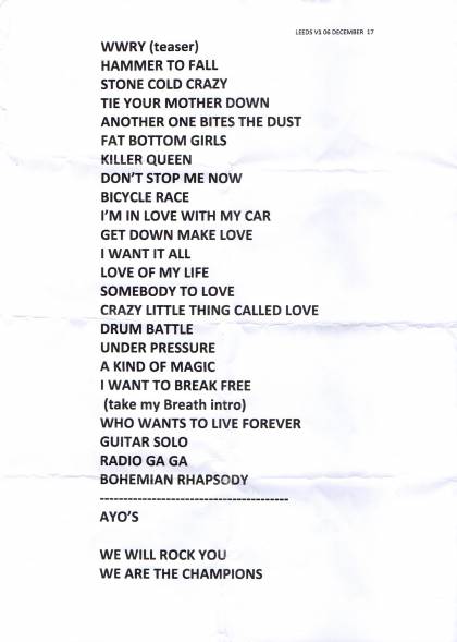 Setlist - Queen + Adam Lambert - 06.12.2017 Leeds, UK