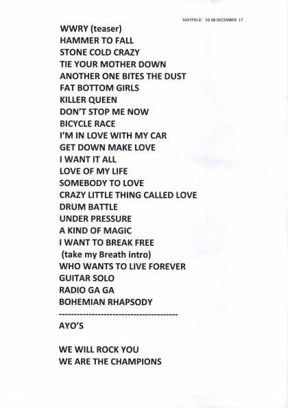Setlist - Queen + Adam Lambert - 08.12.2017 Sheffield, UK