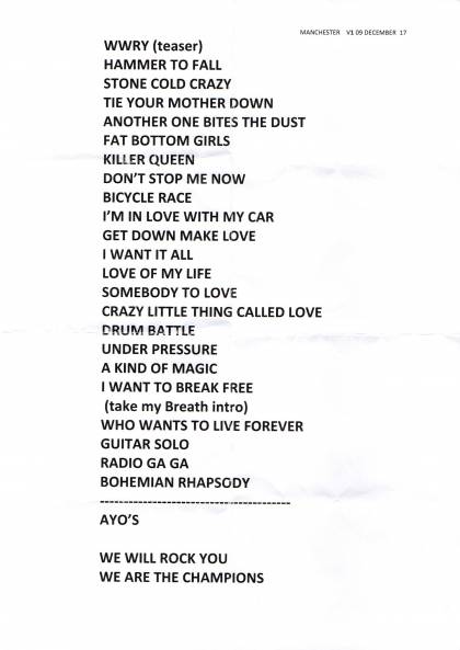 Setlist - Queen + Adam Lambert - 09.12.2017 Manchester, UK