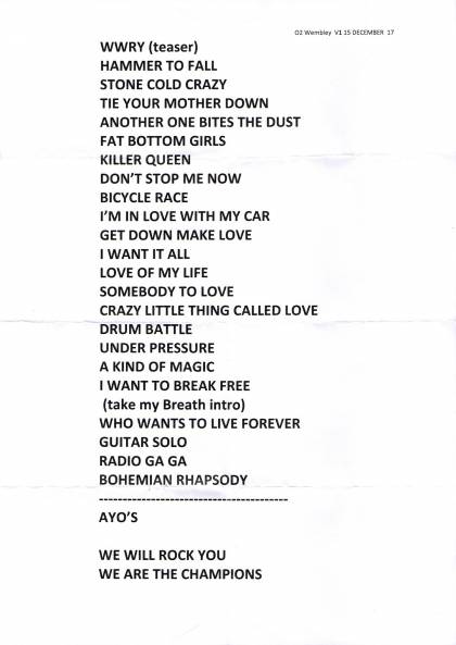 Setlist - Queen + Adam Lambert - 15.12.2017 London, UK
