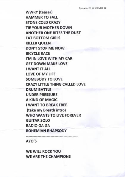 Setlist - Queen + Adam Lambert - 16.12.2017 Birmingham, UK