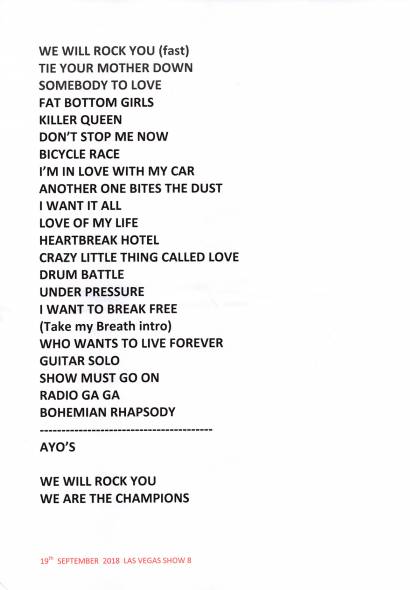 Setlist - Queen + Adam Lambert - 19.09.2018 Las Vegas, NV, USA