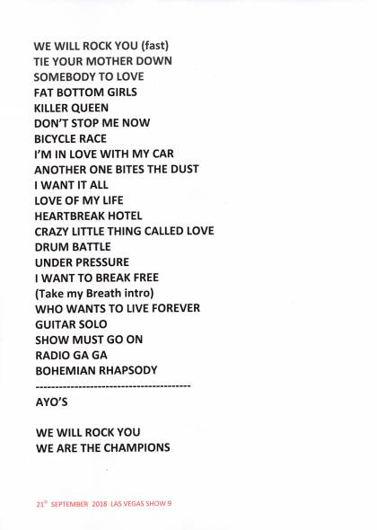 Setlist - Queen + Adam Lambert - 21.09.2018 Las Vegas, NV, USA