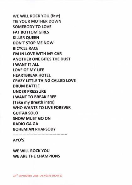 Setlist - Queen + Adam Lambert - 22.09.2018 Las Vegas, NV, USA