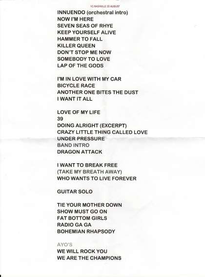 Setlist - Queen + Adam Lambert - 15.08.2019 Nashville, TN, USA