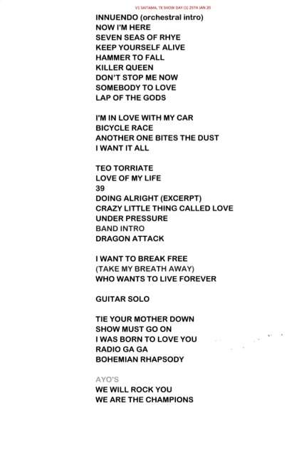 Setlist - Queen + Adam Lambert - 25.01.2020 Tokyo, Japan