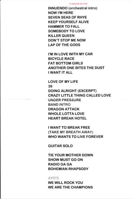 Setlist - Queen + Adam Lambert - 26.02.2020 Adelaide, Australia