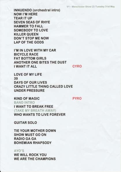 Setlist - Queen + Adam Lambert - 31.05.2022 Manchester, UK