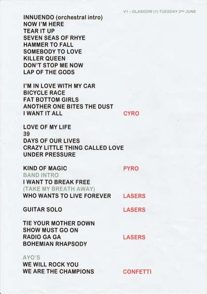 Setlist - Queen + Adam Lambert - 02.06.2022 Glasgow, UK