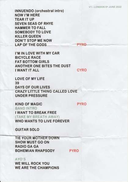 Setlist - Queen + Adam Lambert - 06.06.2022 London, UK