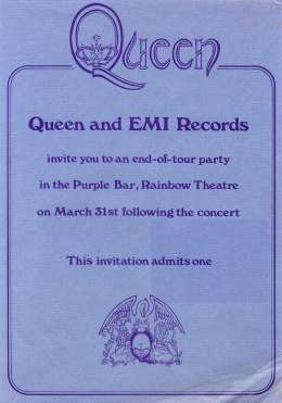 Invite to the Queen II end-of-tour afterparty (London, UK)