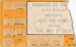 Ticket for a Mott The Hoople concert in Atlanta, USA where Queen were scheduled as a support band but couldn't play due to Brian's illness