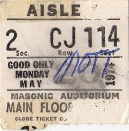 Ticket for a Mott The Hoople concert in Detroit, USA where Queen were scheduled as a support band but couldn't play due to Brian's illness