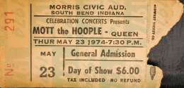 Ticket for a Mott The Hoople concert in South Bend, USA where Queen were scheduled as a support band but couldn't play due to Brian's illness