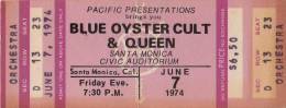 Ticket for a Queen & Blue Oyster Colut concert in Santa Monica, USA where Queen couldn't play due to Brian's illness
