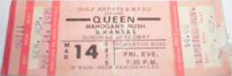 Ticket for a Queen concert at Sunshine Speedway, St. Petersburg, FL that had to be cancelled because the facility wasn't large enough for such concert