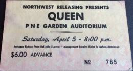 Ticket for a Queen concert at PNE Garden Auditorium, Vancouver, Canada that had to be cancelled because Freddie had a sore throat