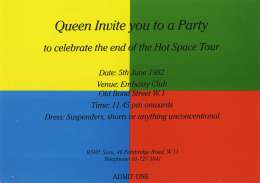 Invite to the Hot Space end-of-tour afterparty (London, UK)