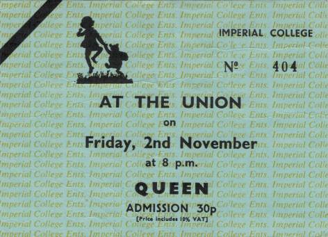 Ticket stub - Queen live at the Imperial College, London, UK [02.11.1973]